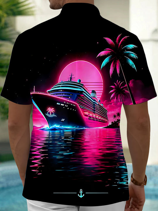 Hawaiian Coconut Tree Cruise Ship Men's Pocket Short Sleeve Shirts