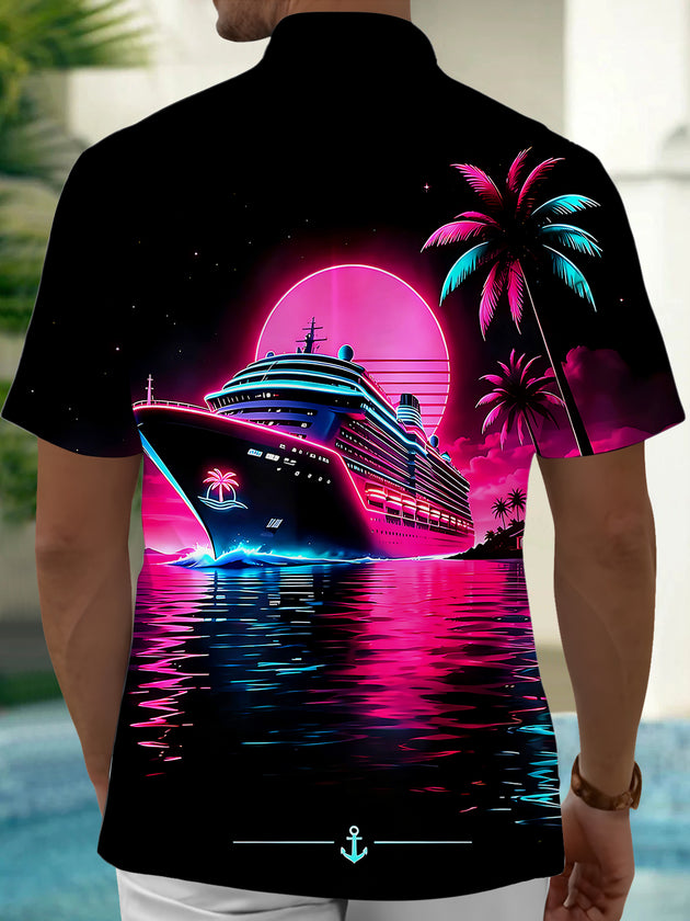 Hawaiian Coconut Tree Cruise Ship Men's Pocket Short Sleeve Shirts