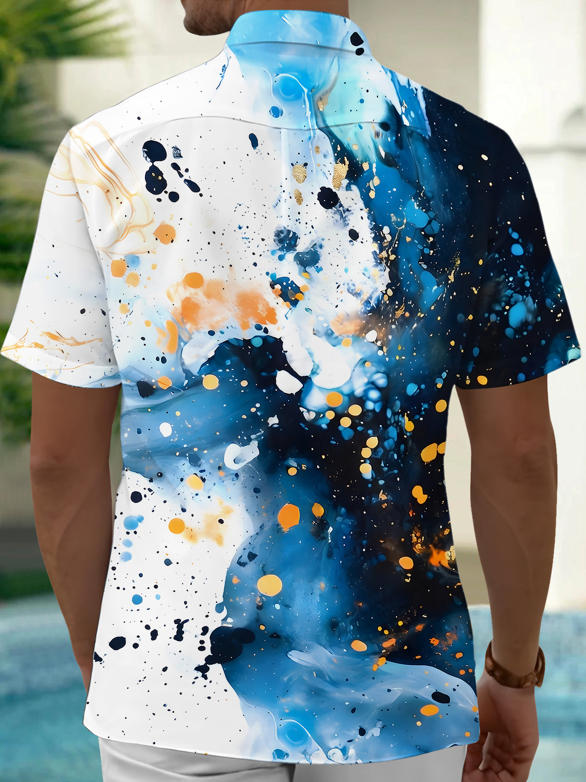Men's abstract tie dye short sleeve shirt back view