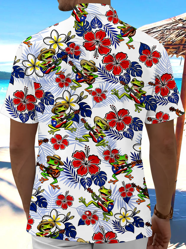 Independence Frog Guitar Floral Men's Pocket Short Sleeve Shirts