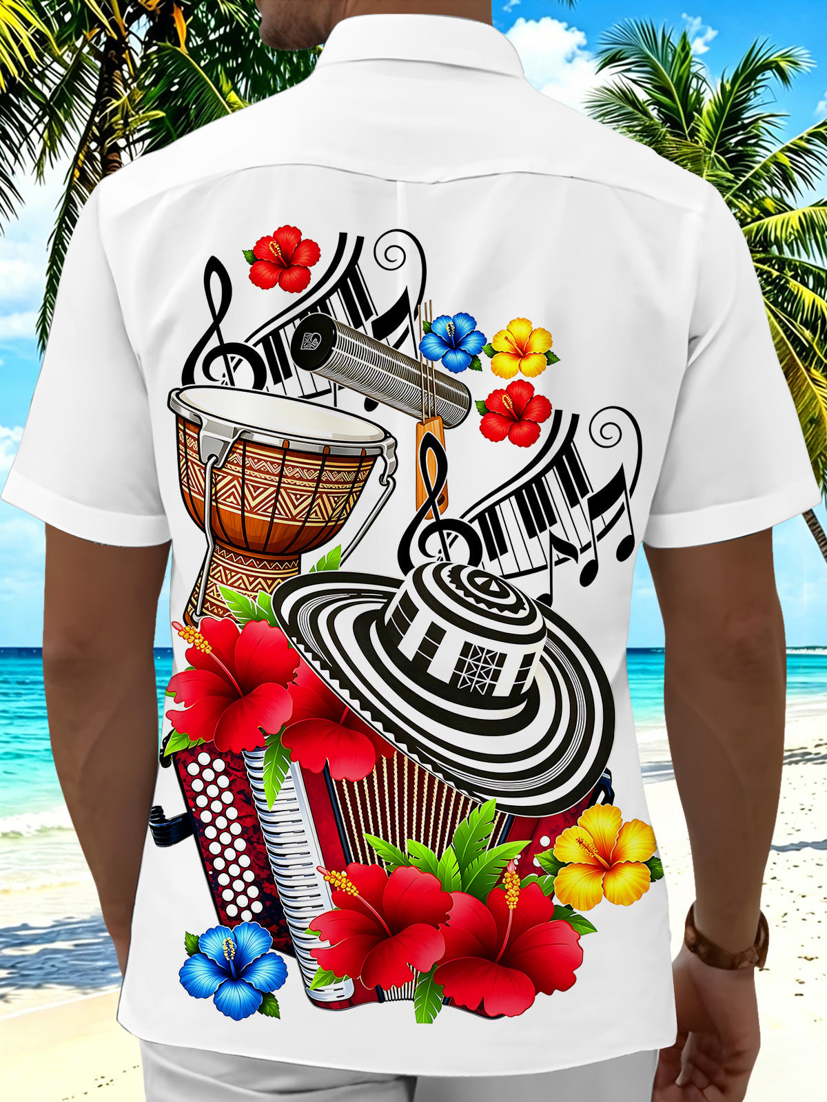Adaychic Men's Short Sleeve Shirt - Musical Instruments And Tropical Flowers Print with Chest Pocket