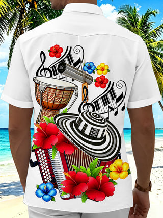 Adaychic Men's Short Sleeve Shirt - Musical Instruments And Tropical Flowers Print with Chest Pocket
