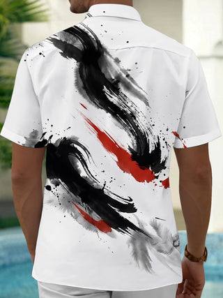 Adaychic Men's Printed Abstract Ink Brushstroke Print Short Sleeve Shirt with Chest Pocket
