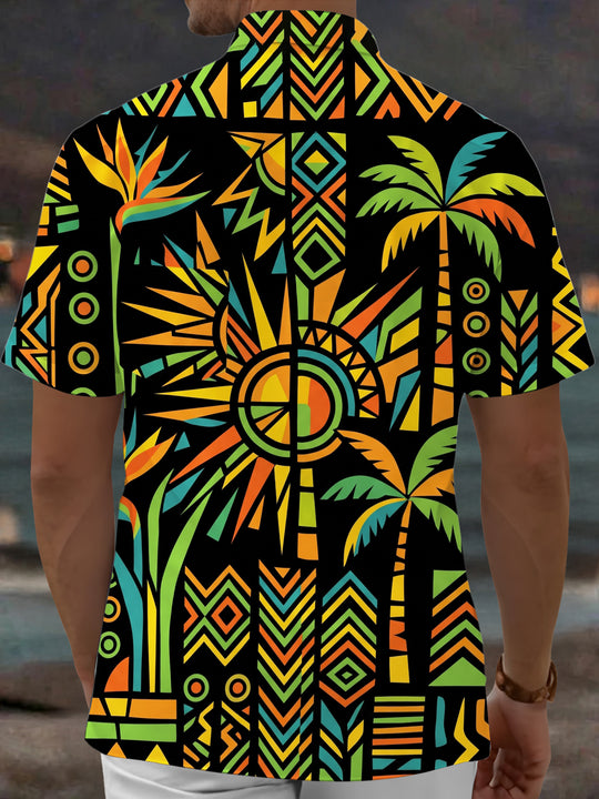 Adaychic Men's Hawaiian Geometric Palm Tree Print Short Sleeve Shirt with Chest Pocket