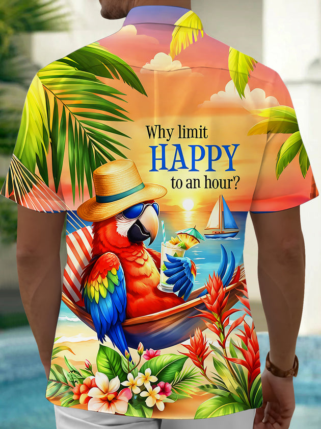 Adaychic Men's Hawaiian Floral Parrot Tropical Sunset Print Short Sleeve Button Down Shirt with Chest Pocket