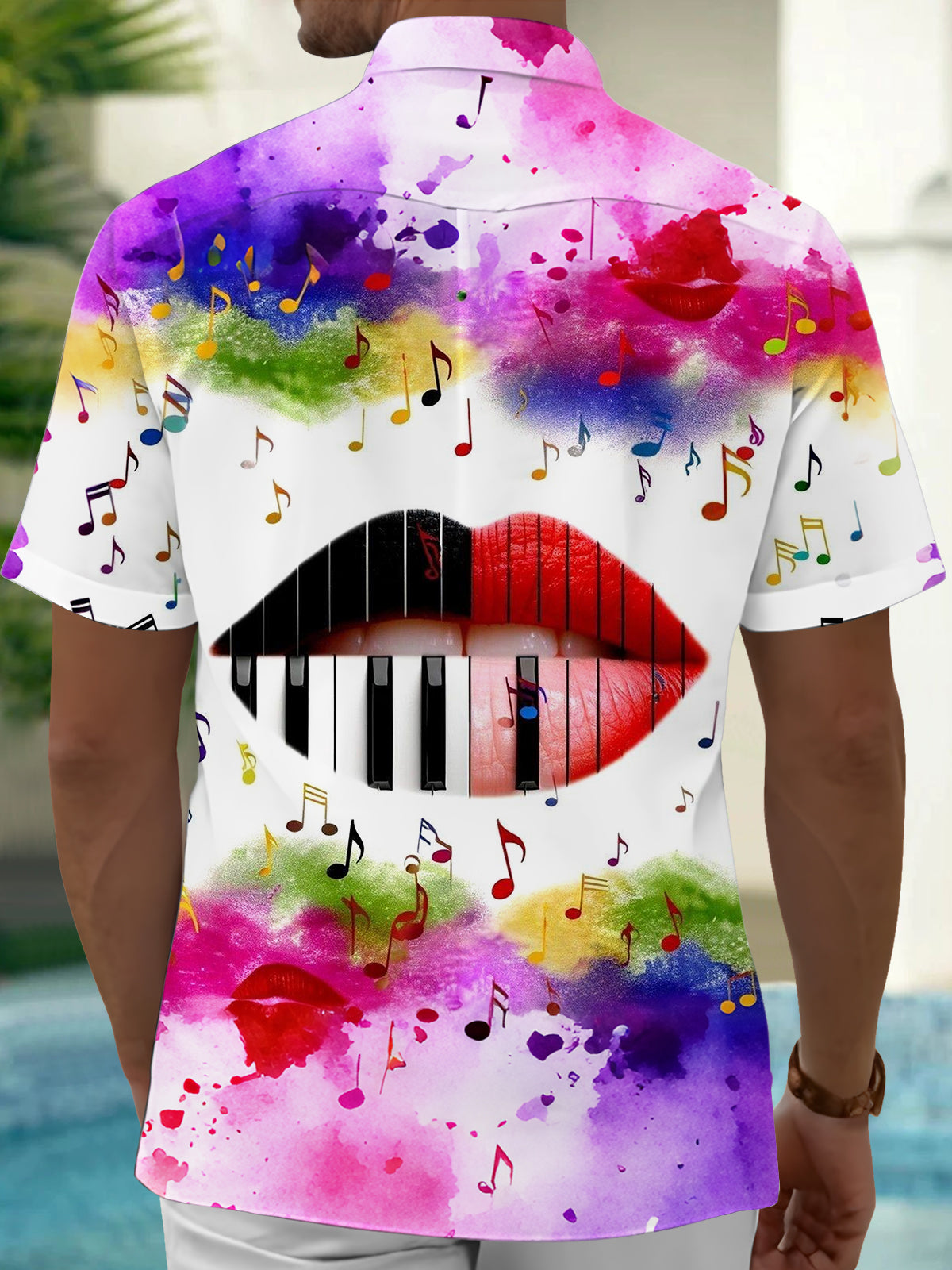 Adaychic Men's Graphic Piano Key Lips Print Short Sleeve Shirt with Chest Pocket