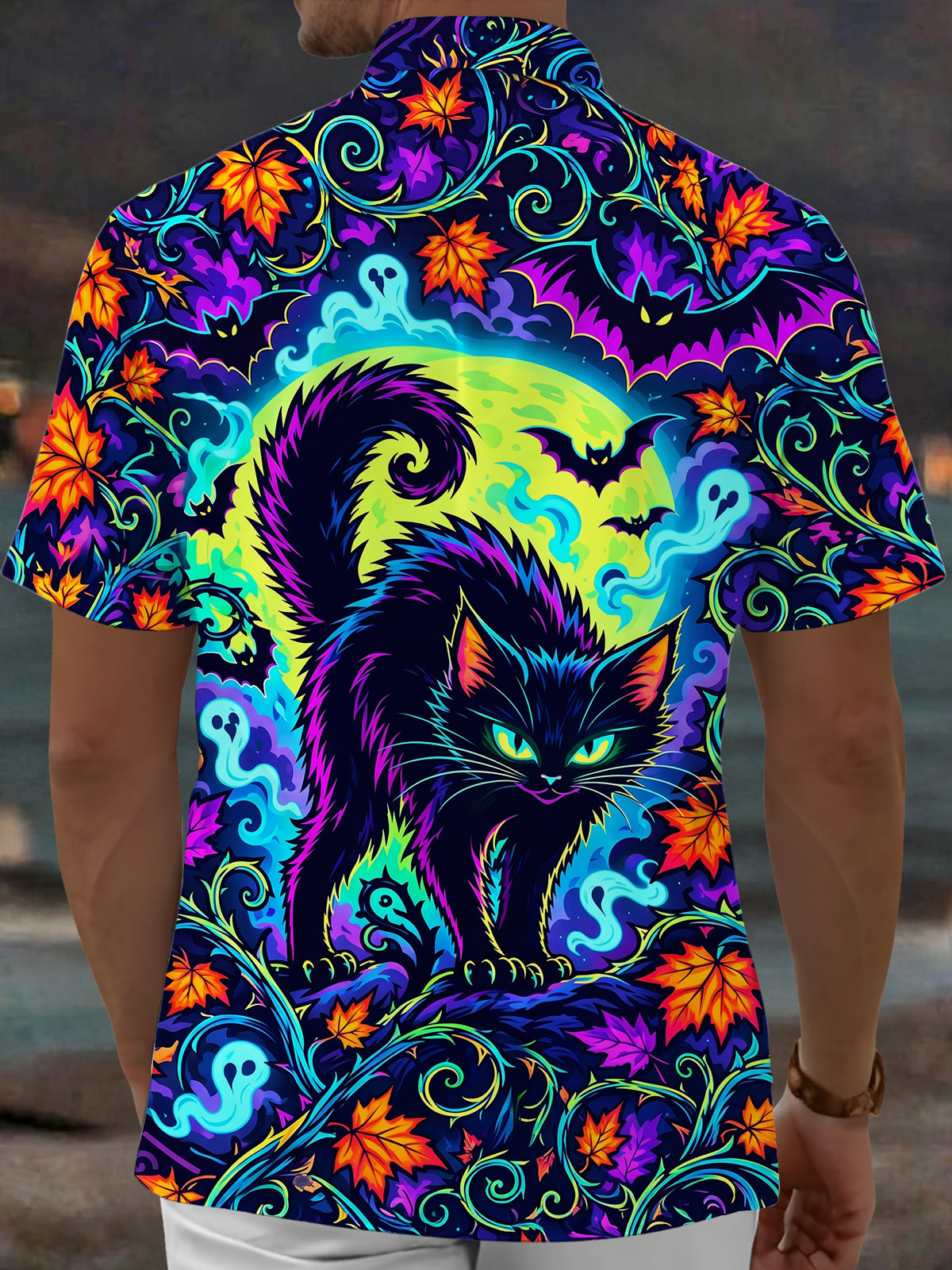 Adaychic Men's Hawaiian Halloween Black Cat And Ghosts Print Short Sleeve Shirt with Chest Pocket