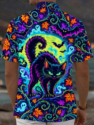 Adaychic Men's Hawaiian Halloween Black Cat And Ghosts Print Short Sleeve Shirt with Chest Pocket