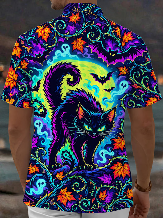 Adaychic Men's Hawaiian Halloween Black Cat And Ghosts Print Short Sleeve Shirt with Chest Pocket