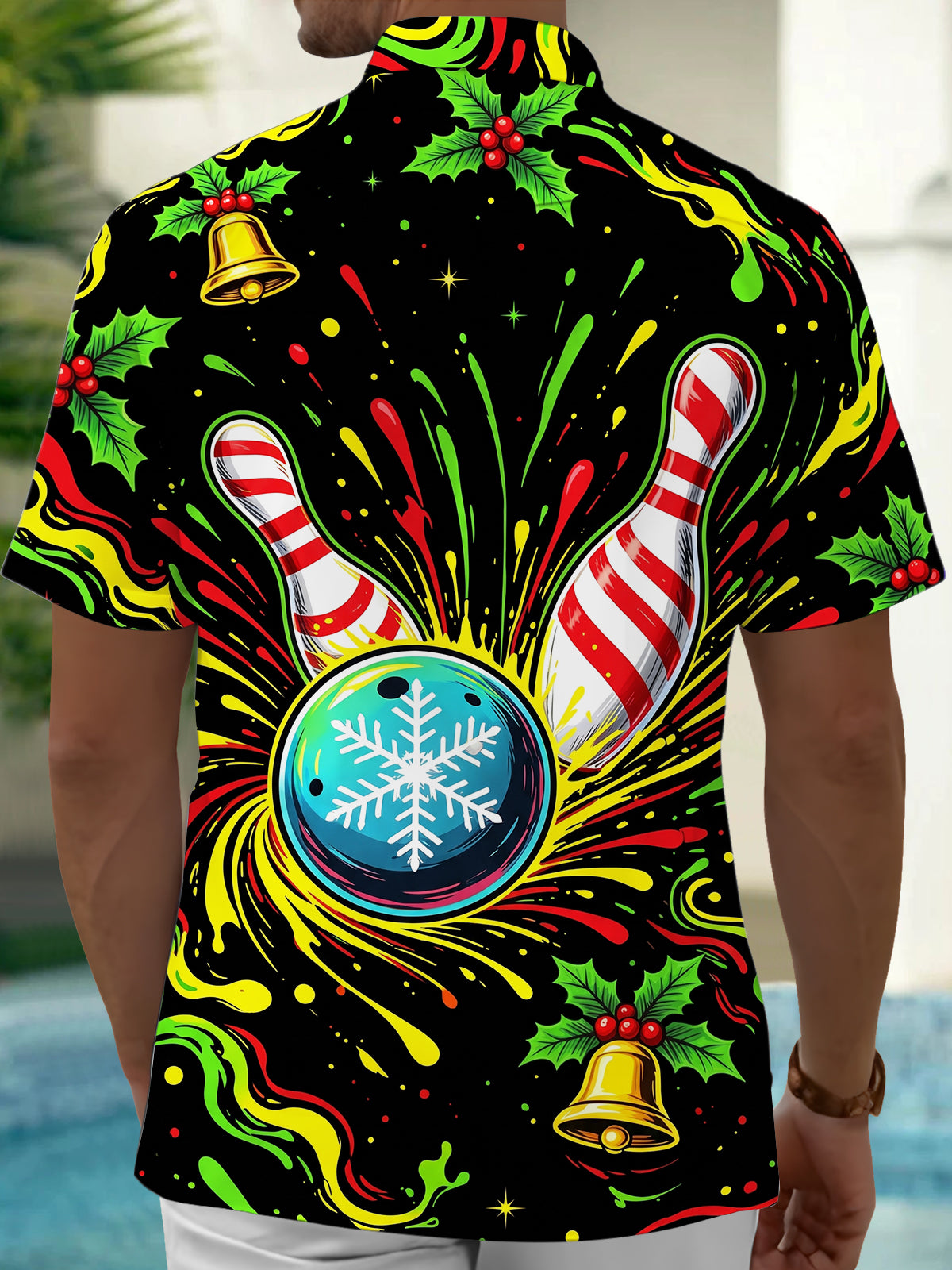 Adaychic Men's Short Sleeve Shirt - Christmas Bowling Pins And Snowflake Bowling Ball Print with Chest Pocket