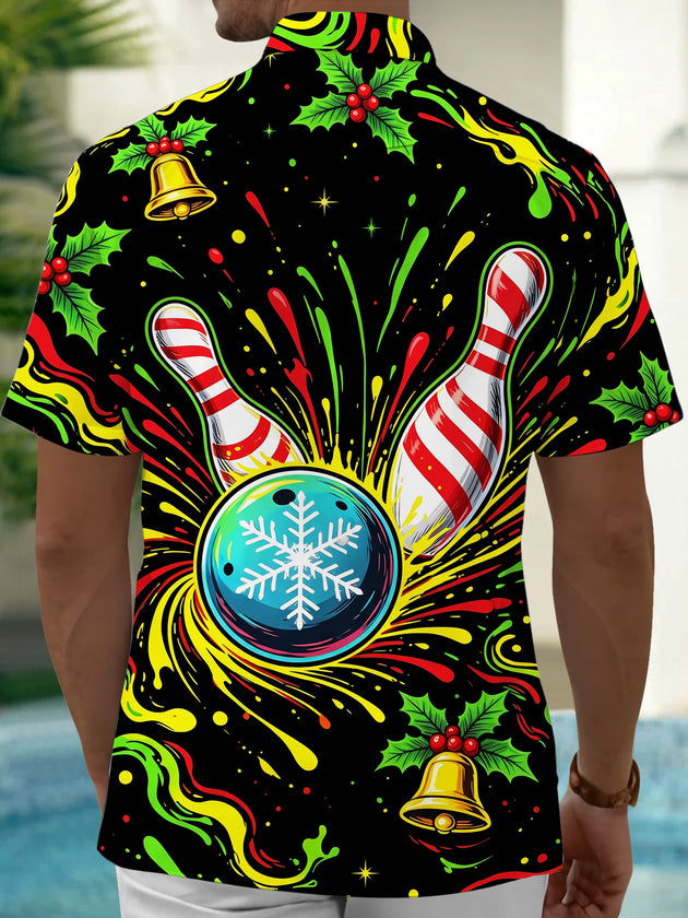 Adaychic Men's Short Sleeve Shirt - Christmas Bowling Pins And Snowflake Bowling Ball Print with Chest Pocket