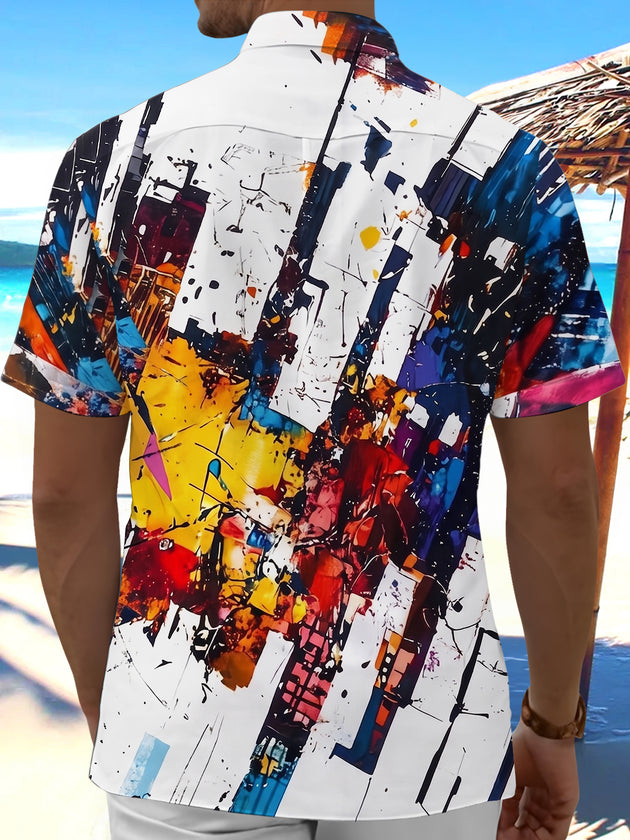 Adaychic Men's White Blue Graphic Abstract Paint Splatter Print Short Sleeve Button Down Shirt with Chest Pocket