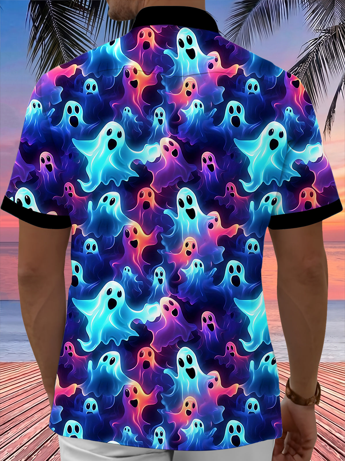 Adaychic Men's Hawaiian Ghost Pattern Neon Ghosts Print Short Sleeve Shirt with Chest Pocket