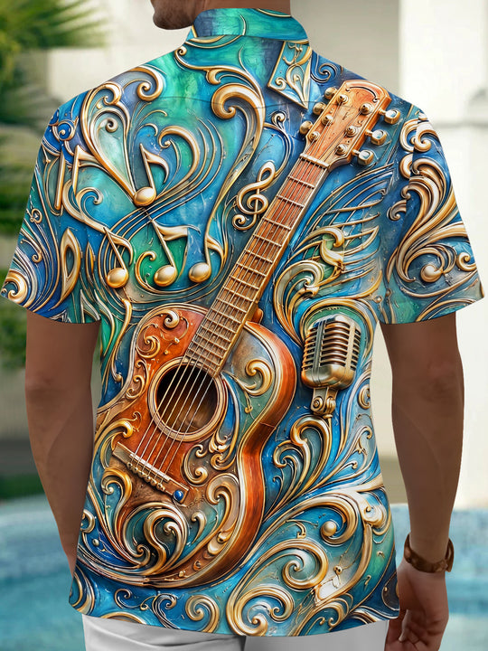 Adaychic Men's 3D 3D Relief Guitar Print Music Notes Print Short Sleeve Shirt with Chest Pocket
