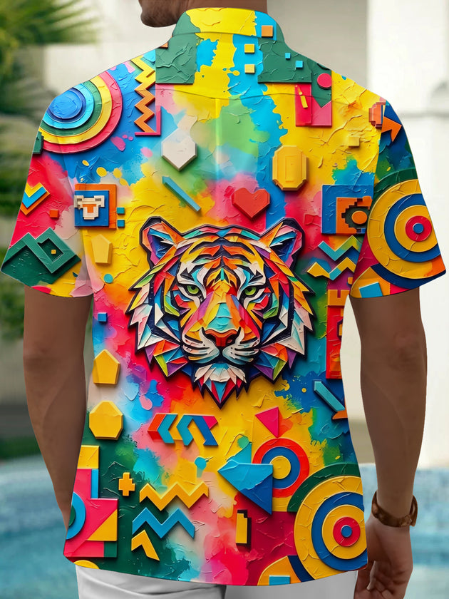Adaychic Men's Graphic Colorful Geometric Tiger Print Short Sleeve Shirt with Chest Pocket