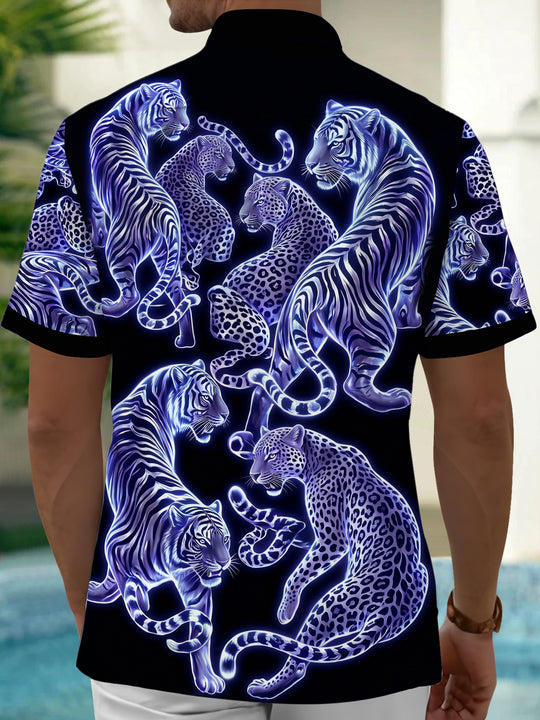 Adaychic Men's Hawaiian Neon Blue Tigers Print Leopard Print Short Sleeve Shirt with Chest Pocket