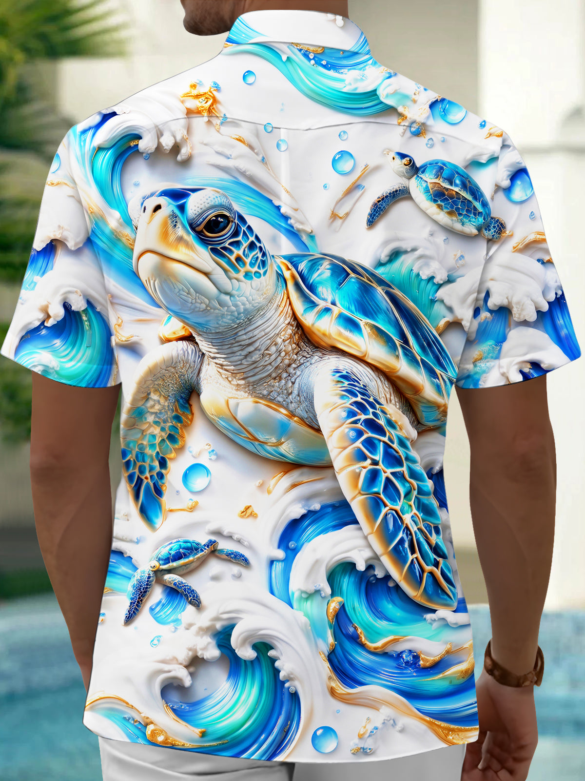 Adaychic Men's Hawaiian Sea Turtle And Ocean Waves Print Short Sleeve Shirt with Chest Pocket