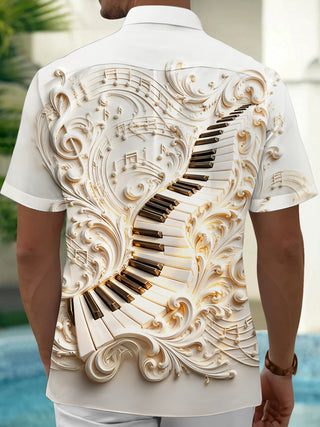 Adaychic Men's 3D Piano Keys Print Musical Notes Print Short Sleeve Shirt with Chest Pocket