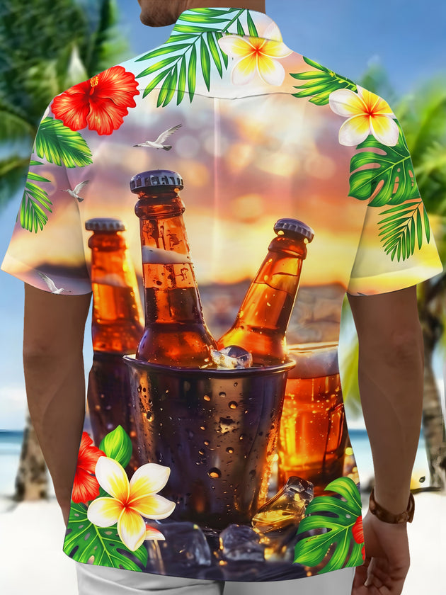 Adaychic Men's Hawaiian Tropical Floral Leaves Print Short Sleeve Shirt with Chest Pocket