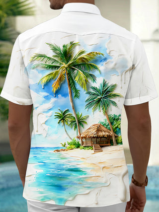 Adaychic Men's Tropical Palm Tree Beach Print Short Sleeve Button Down Shirt with Chest Pocket