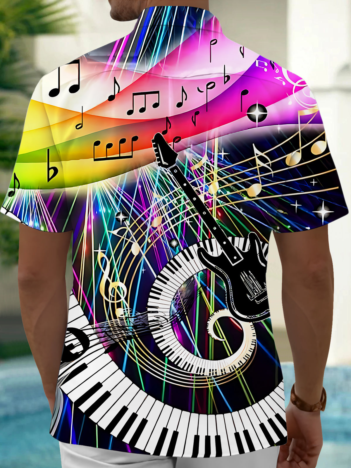 Adaychic Men's Hawaiian Music Notes Print Short Sleeve Shirt with Chest Pocket