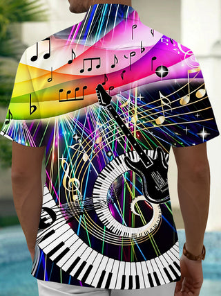 Adaychic Men's Hawaiian Music Notes Print Short Sleeve Shirt with Chest Pocket
