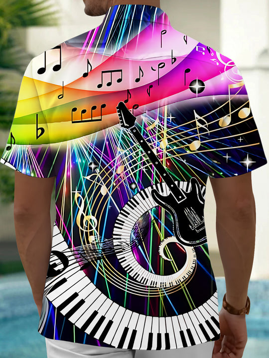 Adaychic Men's Hawaiian Music Notes Print Short Sleeve Shirt with Chest Pocket
