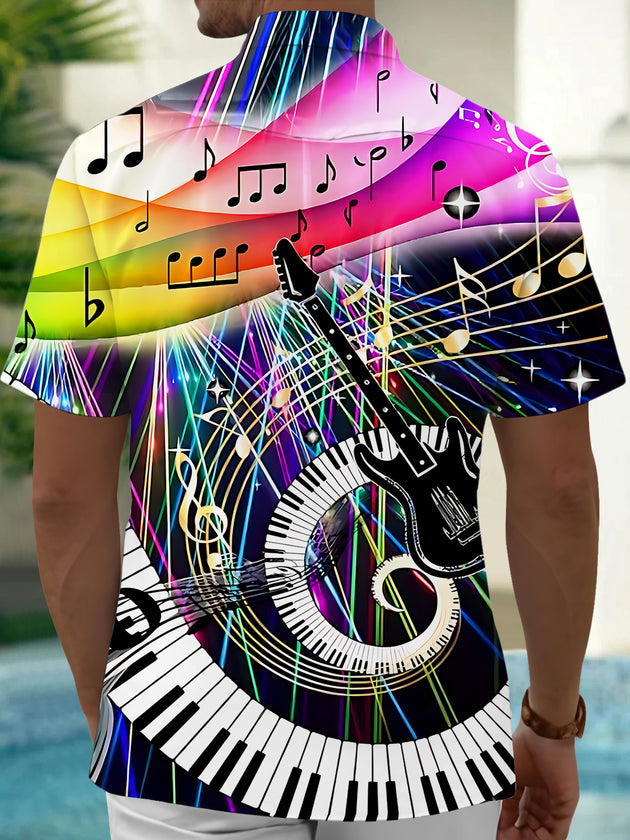 Adaychic Men's Hawaiian Music Notes Print Short Sleeve Shirt with Chest Pocket