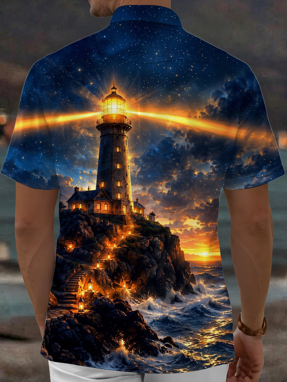 Adaychic Men's Hawaiian Lighthouse Night Scene Print Short Sleeve Shirt with Chest Pocket