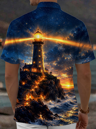 Adaychic Men's Hawaiian Lighthouse Night Scene Print Short Sleeve Shirt with Chest Pocket