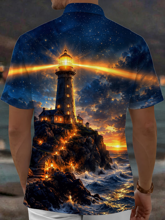 Adaychic Men's Hawaiian Lighthouse Night Scene Print Short Sleeve Shirt with Chest Pocket