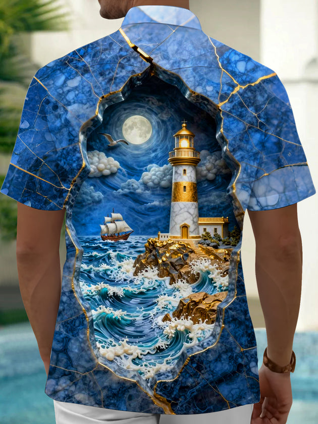 Adaychic Men's Lighthouse Moon Graphic Short Sleeve Button Down Shirt with Chest Pocket