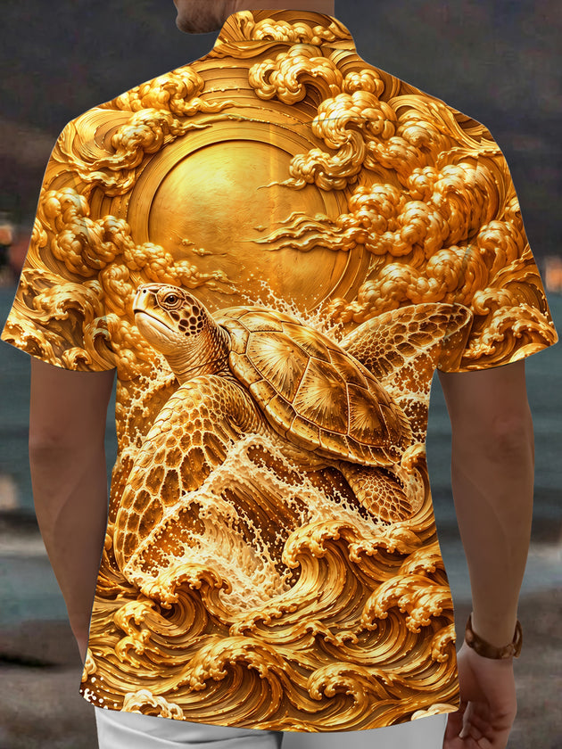 Adaychic Men's Hawaiian Sea Turtle And Ocean Waves Print Short Sleeve Shirt with Chest Pocket