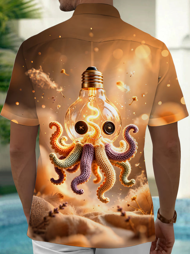 Adaychic Men's Graphic Knitted Octopus Lightbulb Print Short Sleeve Shirt with Chest Pocket