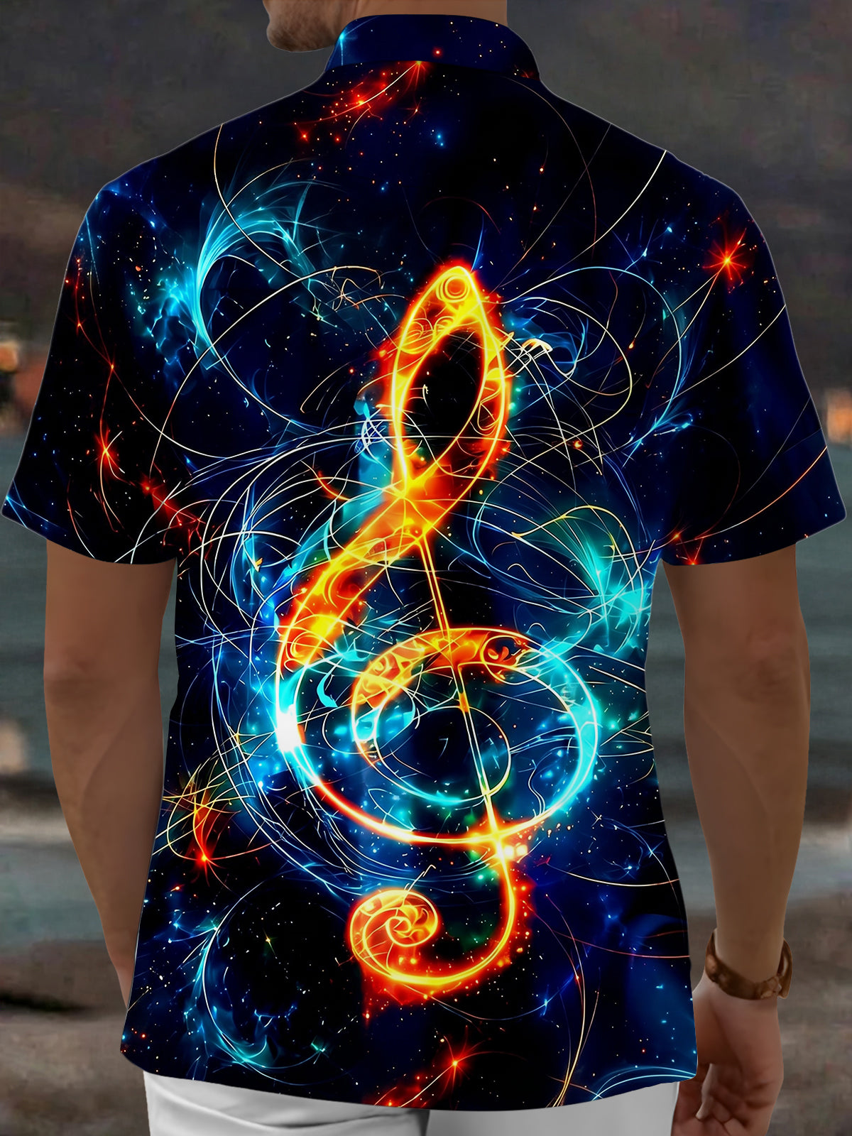 Adaychic Men's Hawaiian Neon Musical Note Print Short Sleeve Shirt with Chest Pocket