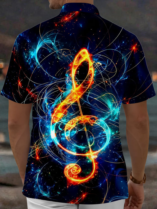 Adaychic Men's Hawaiian Neon Musical Note Print Short Sleeve Shirt with Chest Pocket