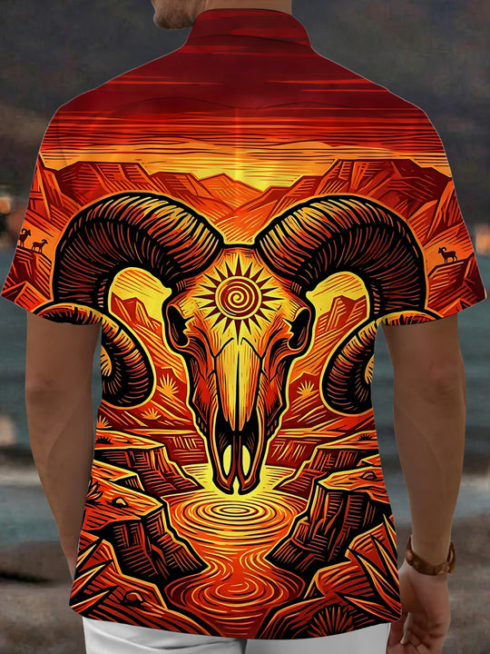 Adaychic Men's Hawaiian Goat Skull Print Short Sleeve Shirt with Chest Pocket