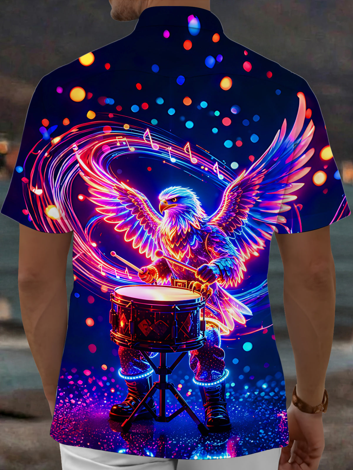 Adaychic Men's Graphic Neon Eagle Playing Drums Print Short Sleeve Shirt with Chest Pocket