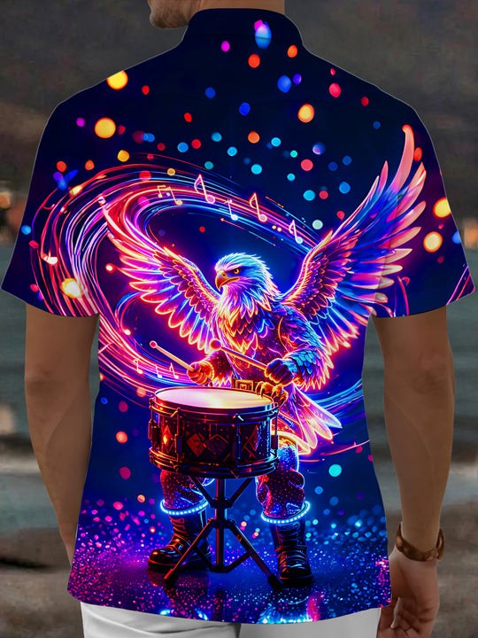 Adaychic Men's Graphic Neon Eagle Playing Drums Print Short Sleeve Shirt with Chest Pocket