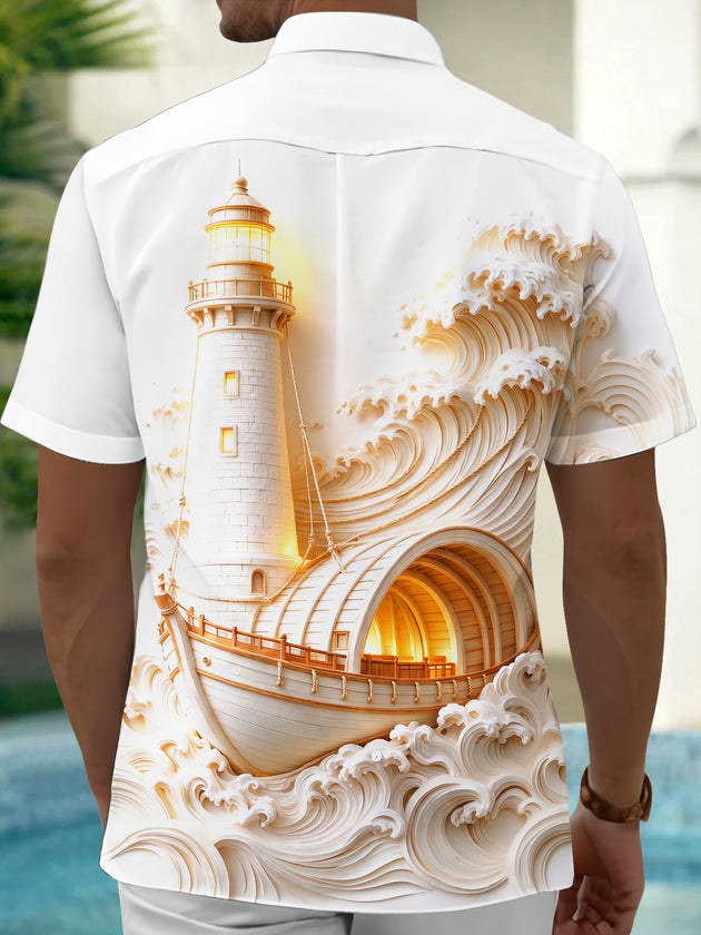 Adaychic Men's Lighthouse Ancient Ship And Waves Print Short Sleeve Shirt with Chest Pocket