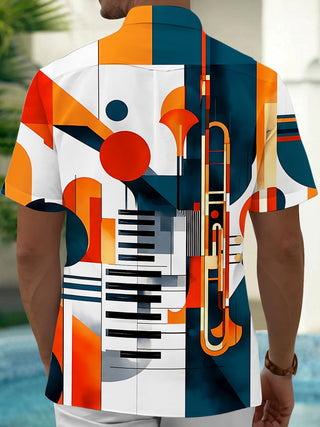 Adaychic Men's Graphic Geometric Music Instruments Print Short Sleeve Shirt with Chest Pocket