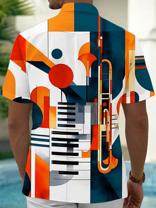 Adaychic Men's Graphic Geometric Music Instruments Print Short Sleeve Shirt with Chest Pocket
