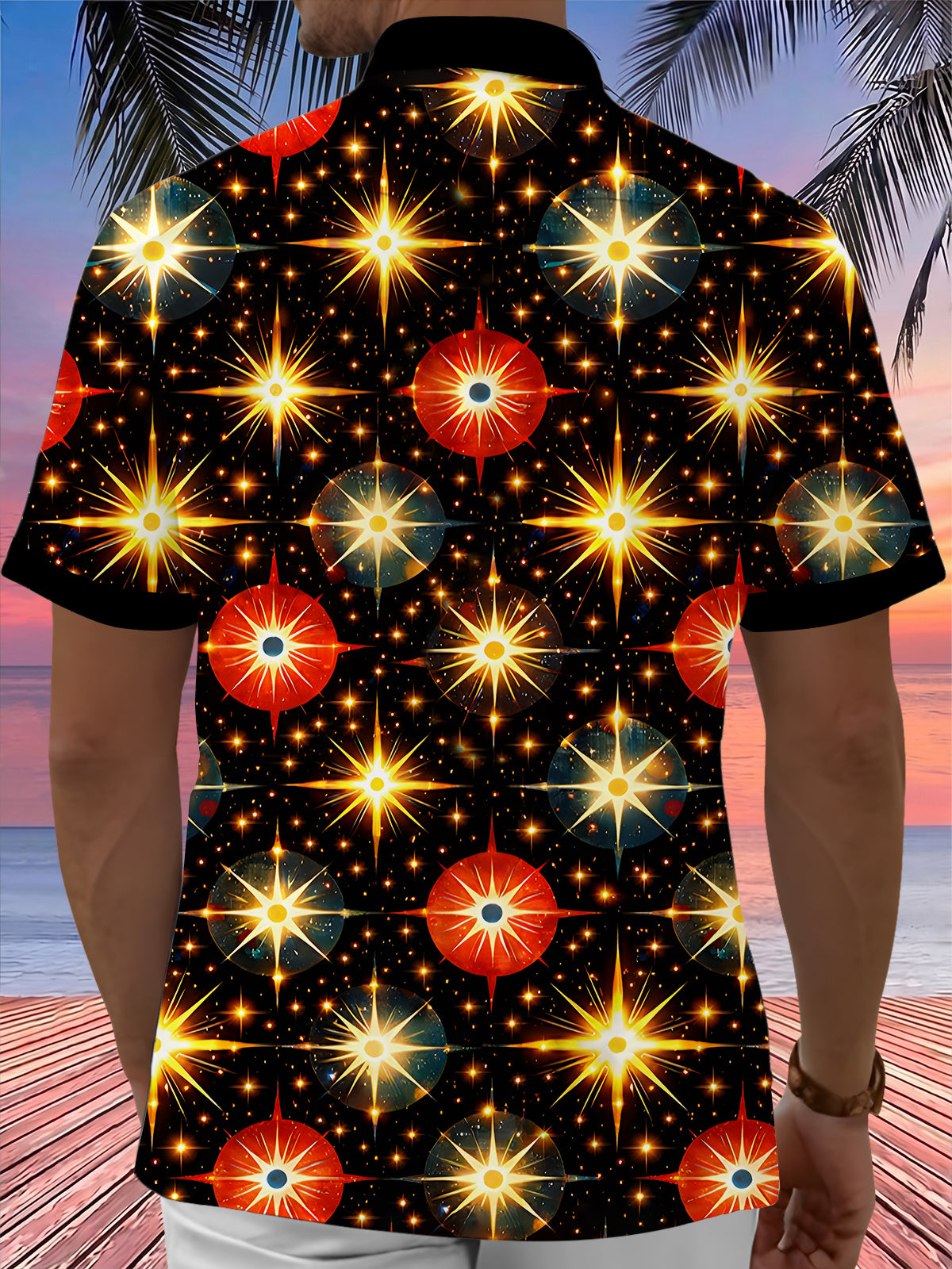 Adaychic Men's Hawaiian Space Starburst Pattern Short Sleeve Shirt with Chest Pocket