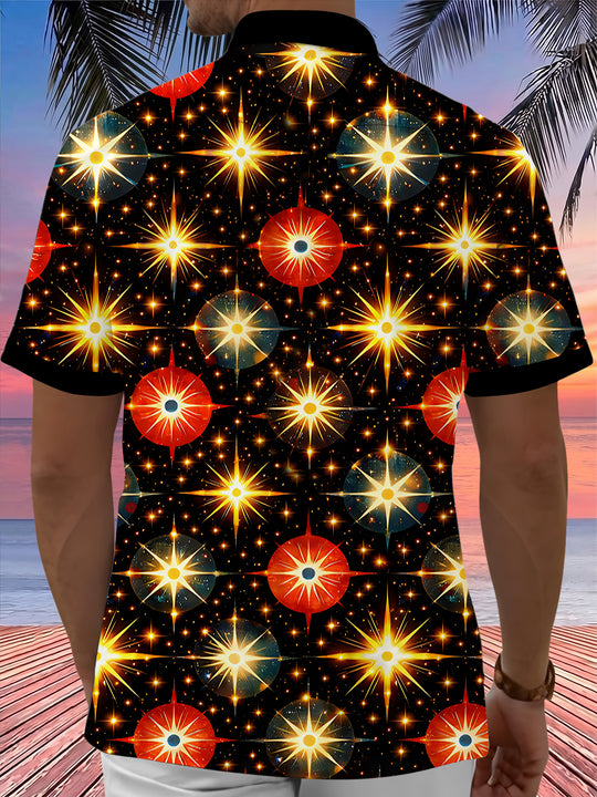 Adaychic Men's Hawaiian Space Starburst Pattern Short Sleeve Shirt with Chest Pocket