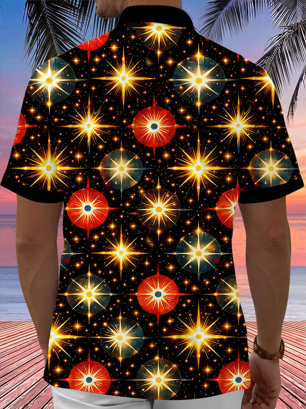 Adaychic Men's Hawaiian Space Starburst Pattern Short Sleeve Shirt with Chest Pocket