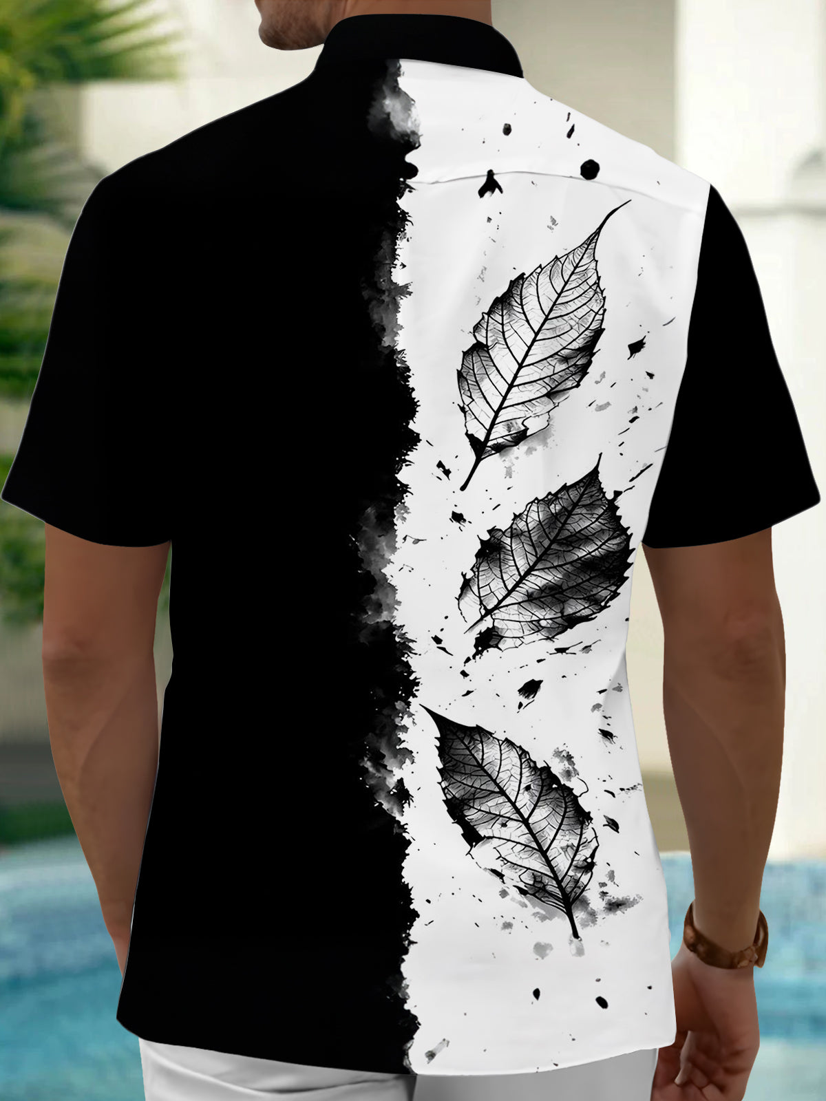 Adaychic Men's Printed Black Leaf Skeleton Print Short Sleeve Shirt with Chest Pocket
