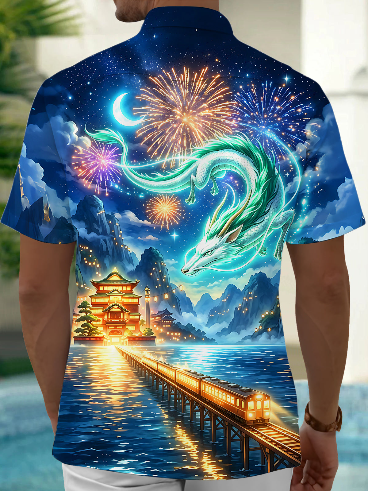 Adaychic Men's Graphic Dragon Night Scene Print Short Sleeve Shirt with Chest Pocket