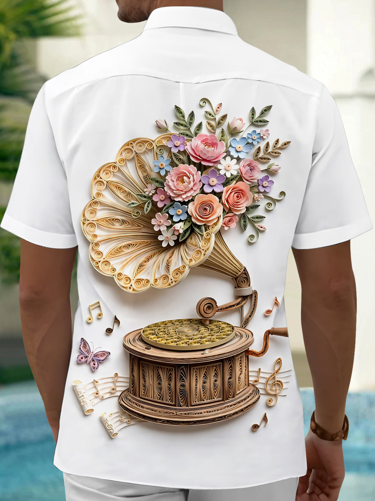 Adaychic Men's Vintage Style Quilled Gramophone Print Short Sleeve Shirt with Chest Pocket