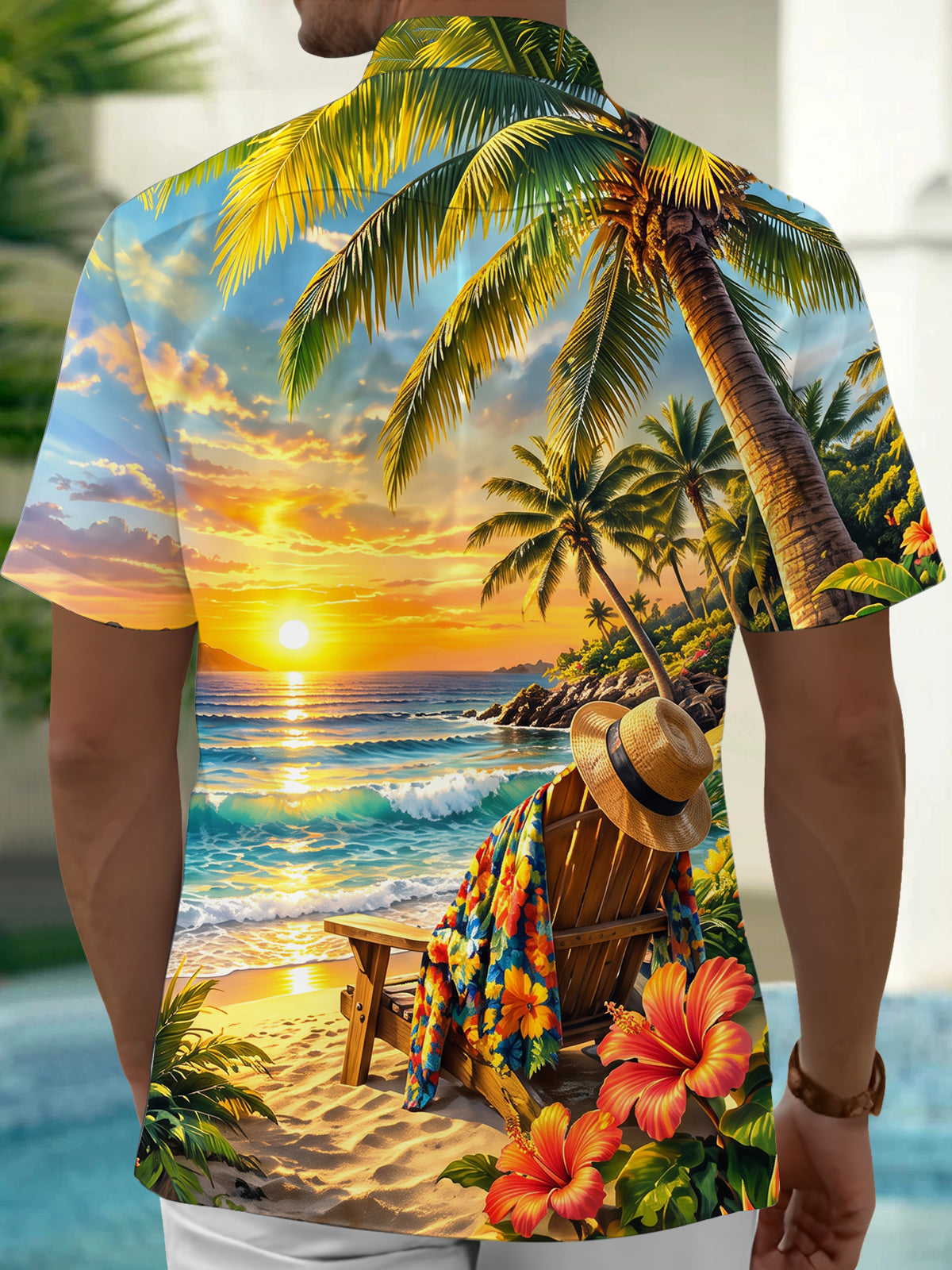 Adaychic Men's Short Sleeve Shirt - Beach Sunset Scenery With Palm Trees And Hibiscus Flowers Print with Chest Pocket
