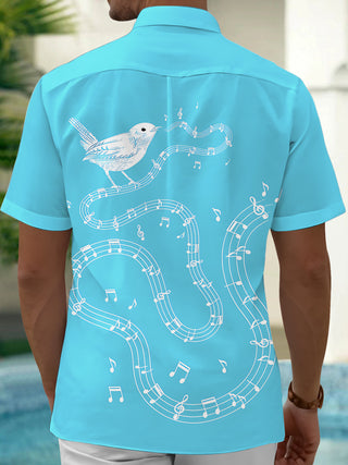 Adaychic Men's Hawaiian Bird On Musical Staff Print Short Sleeve Shirt with Chest Pocket
